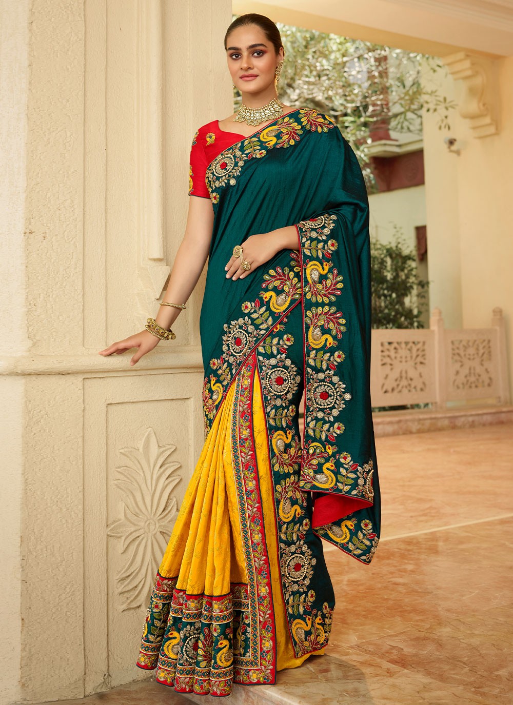 Buy Border Silk Green and Mustard Designer Saree Online