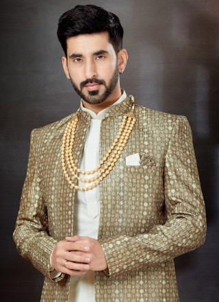 Green and Off White Dupion Silk Party Indo Western Sherwani