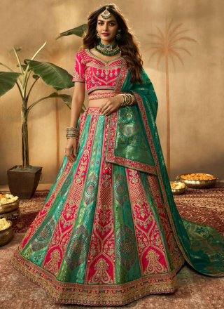 Buy Buy Rani Pink Banarasi Silk Jacquard Woven Lehenga Set Online -  (1732-379) — Karmaplace