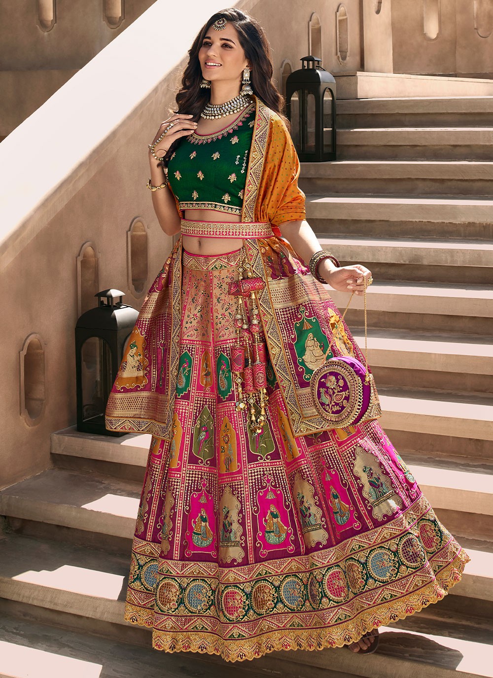 Green and Purple Weaving Banarasi Silk Designer Lehenga Choli
