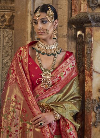 Green and Red Banarasi Silk Weaving Work Contemporary Sari