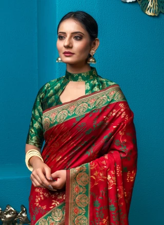 Green and Red Color Classic Saree