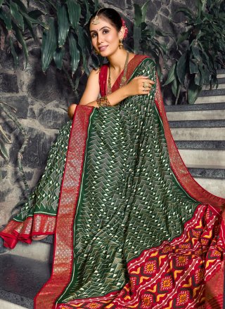 Green and Red Tussar Silk Foil Print Work Classic Saree for Women