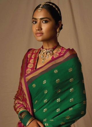 Green and Red Woven Brasso Contemporary Saree