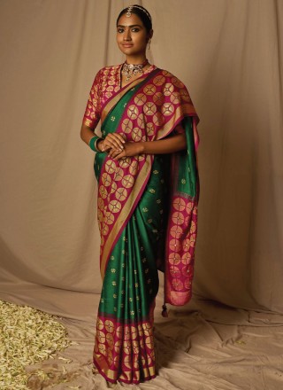 Green and Red Woven Brasso Contemporary Saree