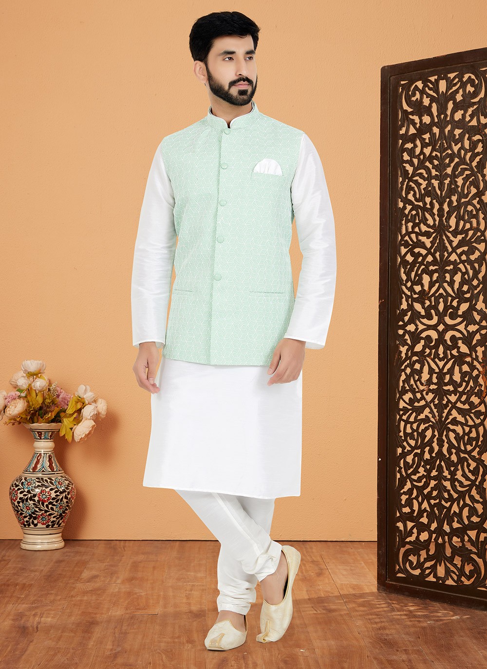 Buy Green and White Dupion Silk Engagement Kurta Payjama With