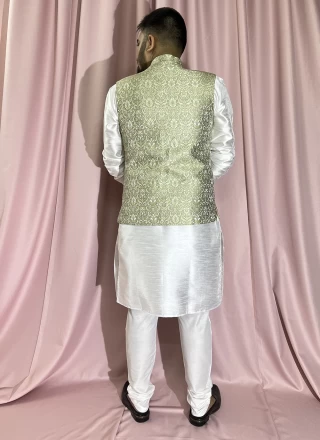 Green and White Fancy Mehndi Kurta Payjama With Jacket