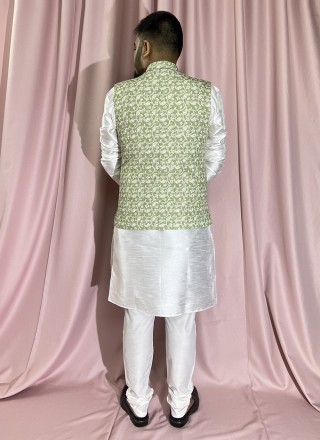 Green and White Rayon Sequins Kurta Payjama With Jacket