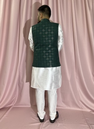 Green and White Silk Sequins Kurta Payjama With Jacket