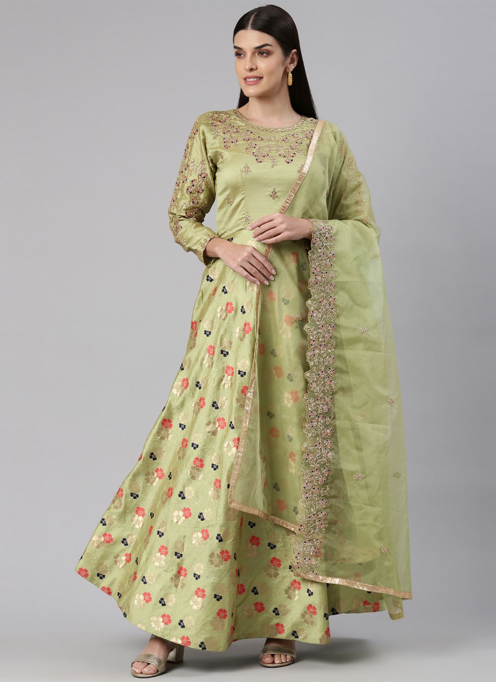 Green Banarasi Jacquard Designer Gown