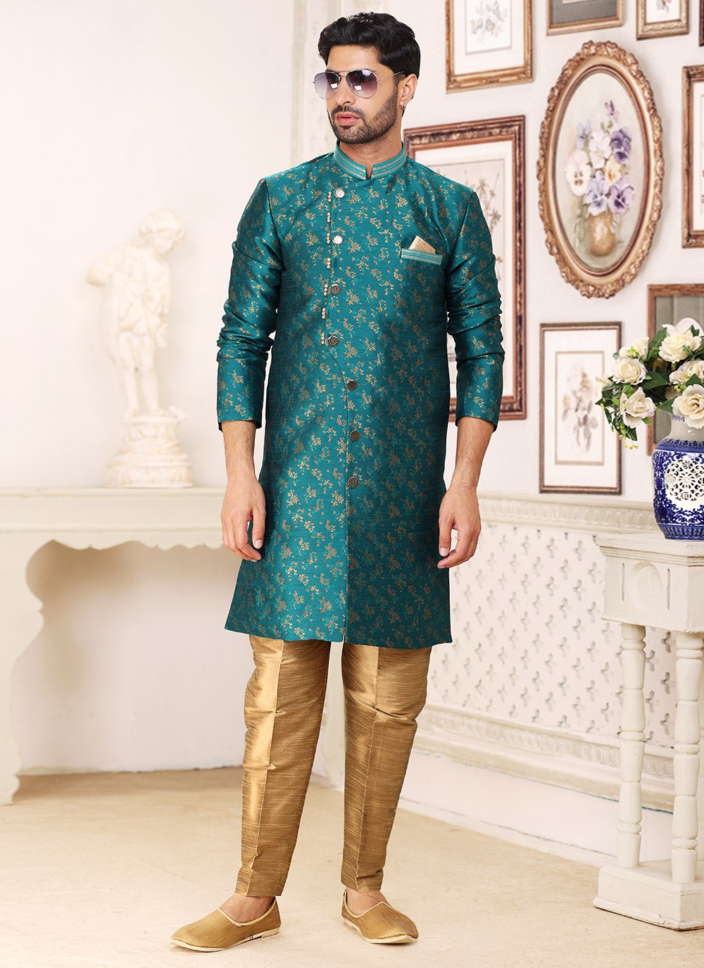 Buy Green Banarasi Jacquard Jacquard Work Indo Western Online 260326
