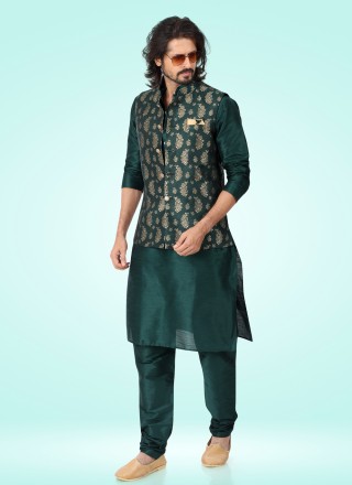 Green Banarasi Jacquard Mehndi Kurta Payjama With Jacket