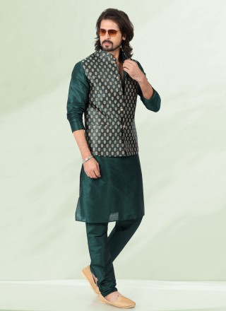 Green Banarasi Silk Kurta Payjama With Jacket