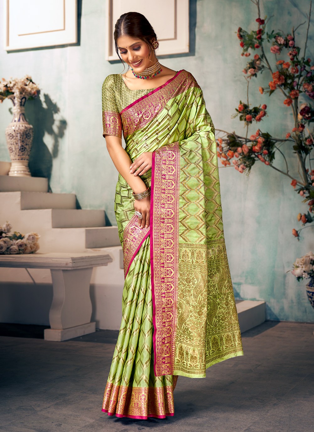 Vishal Prints Mehandi And Dark Green Silk Weaving Saree With Zari Bord