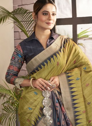 Green Bhagalpuri Silk Designer Sari with Print Work for Ceremonial