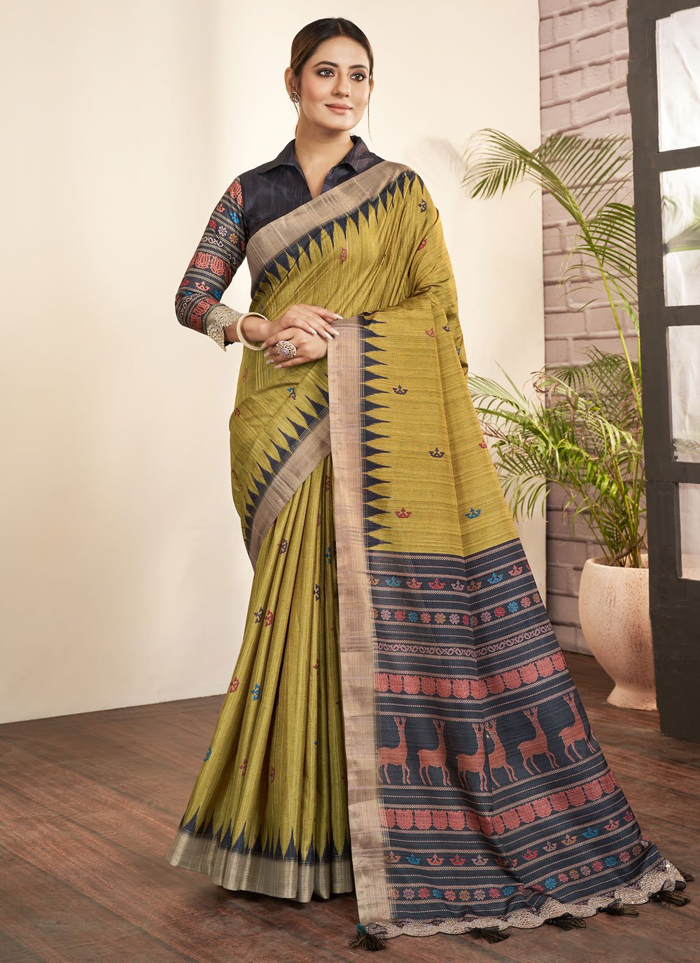 Green Bhagalpuri Silk Designer Sari with Print Work for Ceremonial