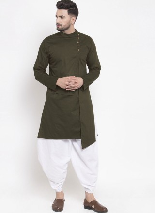 Green Blended Cotton Buttons Indo Western