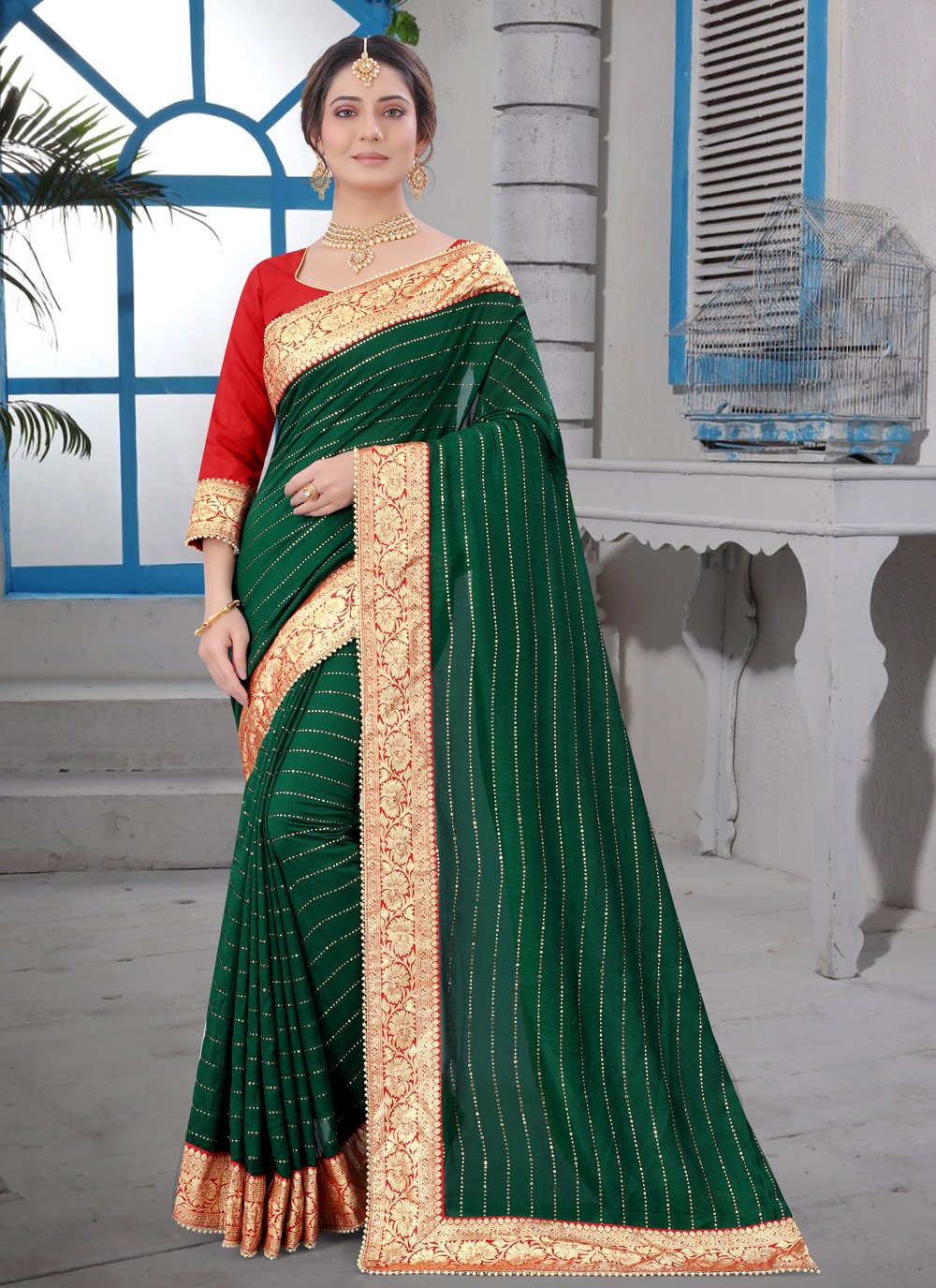 Green Border Vichitra Silk Classic Saree