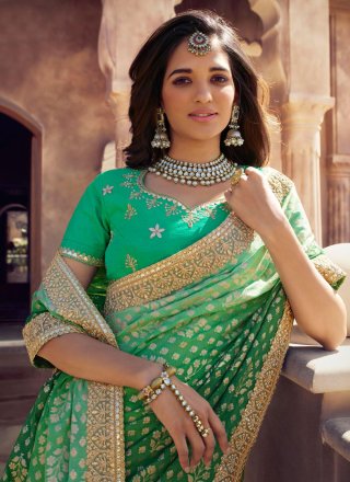 Green Chanderi Trendy Saree with Embroidered and Patch Border Work