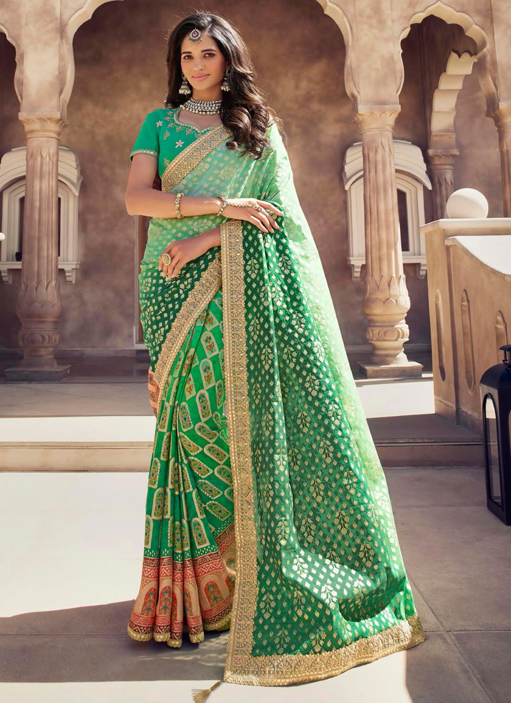 Olive Green Chanderi Silk Jamdani Saree – WeaversIndia