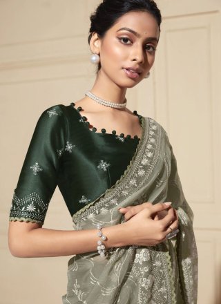 Green Chiffon Classic Sari with Embroidered Work for Ceremonial