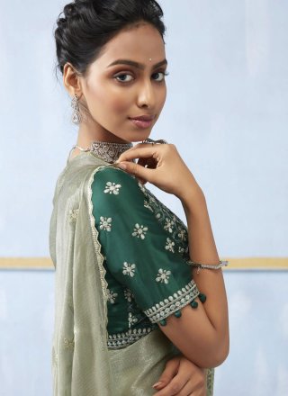 Green Chiffon Embroidered Work Classic Sari for Women