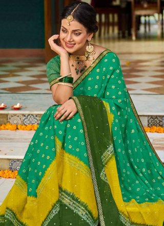 Green Chiffon Sequins Work Contemporary Sari for Women