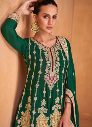 Green Chinon Embroidered and Resham Work Readymade Salwar Suit for Ceremonial