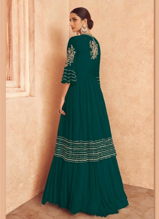 Green Chinon Embroidered Readymade Gown