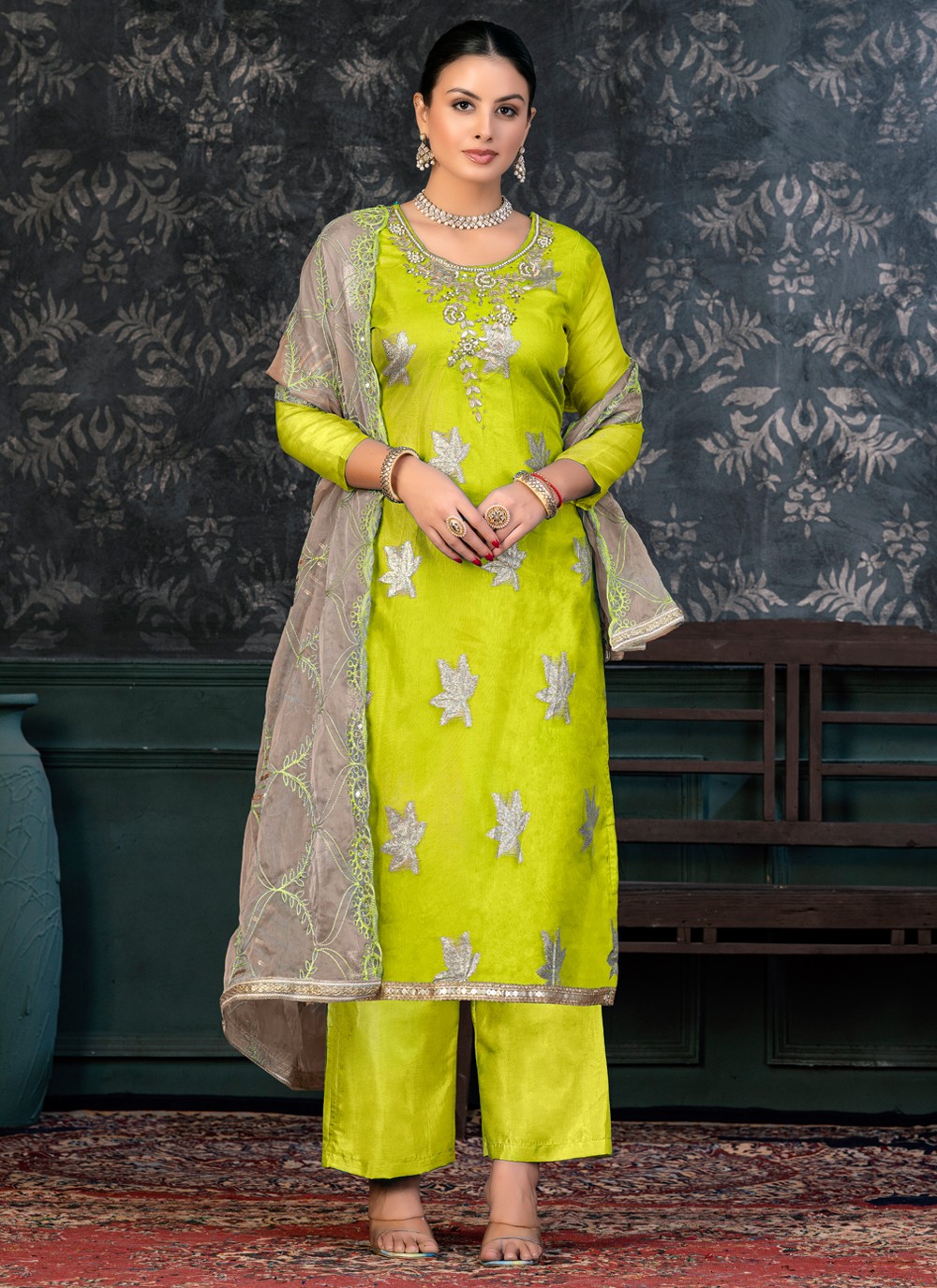 Cream and pista green salwar suit - New India Fashion