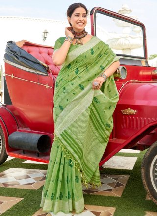 Green Cotton Classic Sari with Embroidered Work for Women
