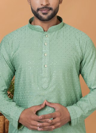 Green Cotton Embroidered and Sequins Work Kurta Pyjama for Engagement