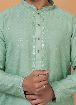 Green Cotton Embroidered and Sequins Work Kurta Pyjama for Men