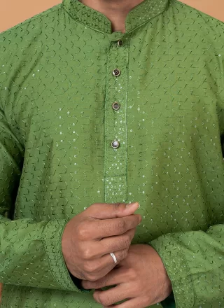 Green Cotton Embroidered and Sequins Work Kurta Pyjama for Men