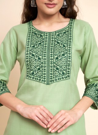 Green Cotton Embroidered Party Wear Kurti