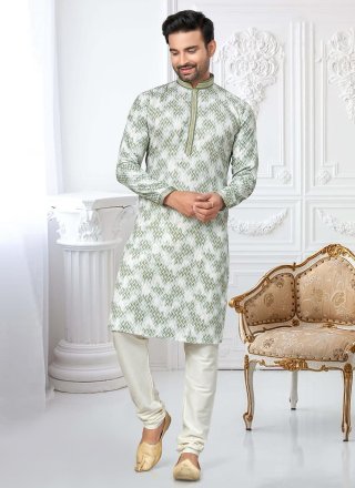 Green Cotton Kurta Pyjama with Digital Print, Sequins and Thread Work