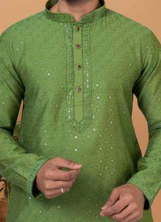 Green Cotton Kurta Pyjama with Embroidered and Sequins Work for Men