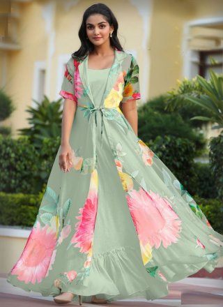 Green Cotton Print Work Designer Gown for Ceremonial