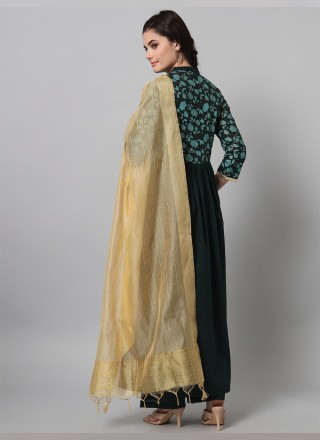 Green Cotton Printed Straight Salwar Kameez
