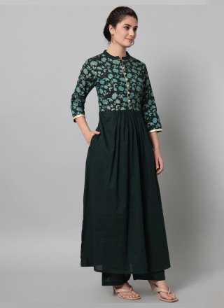 Green Cotton Printed Straight Salwar Kameez