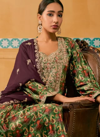Green Digital Print and Embroidered Work Velvet Salwar Suit