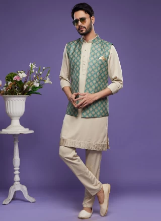 Green Digital Print Art Banarasi Silk Kurta Payjama With Jacket