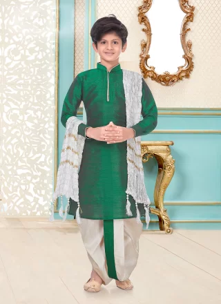 Green Dupion Silk Jacquard Work Dhoti Kurta