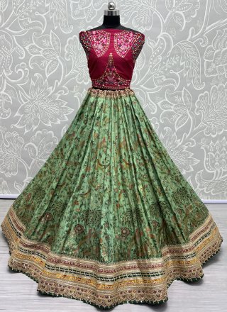 Green Embroidered and Print Work Pure Silk Lehenga Choli