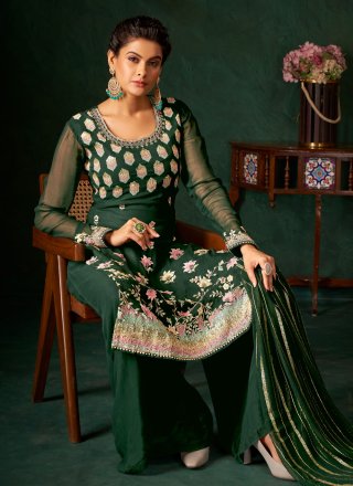Green Embroidered and Sequins Work Georgette Salwar Suit