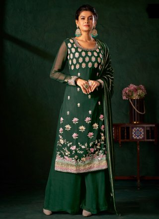 Green Embroidered and Sequins Work Georgette Salwar Suit