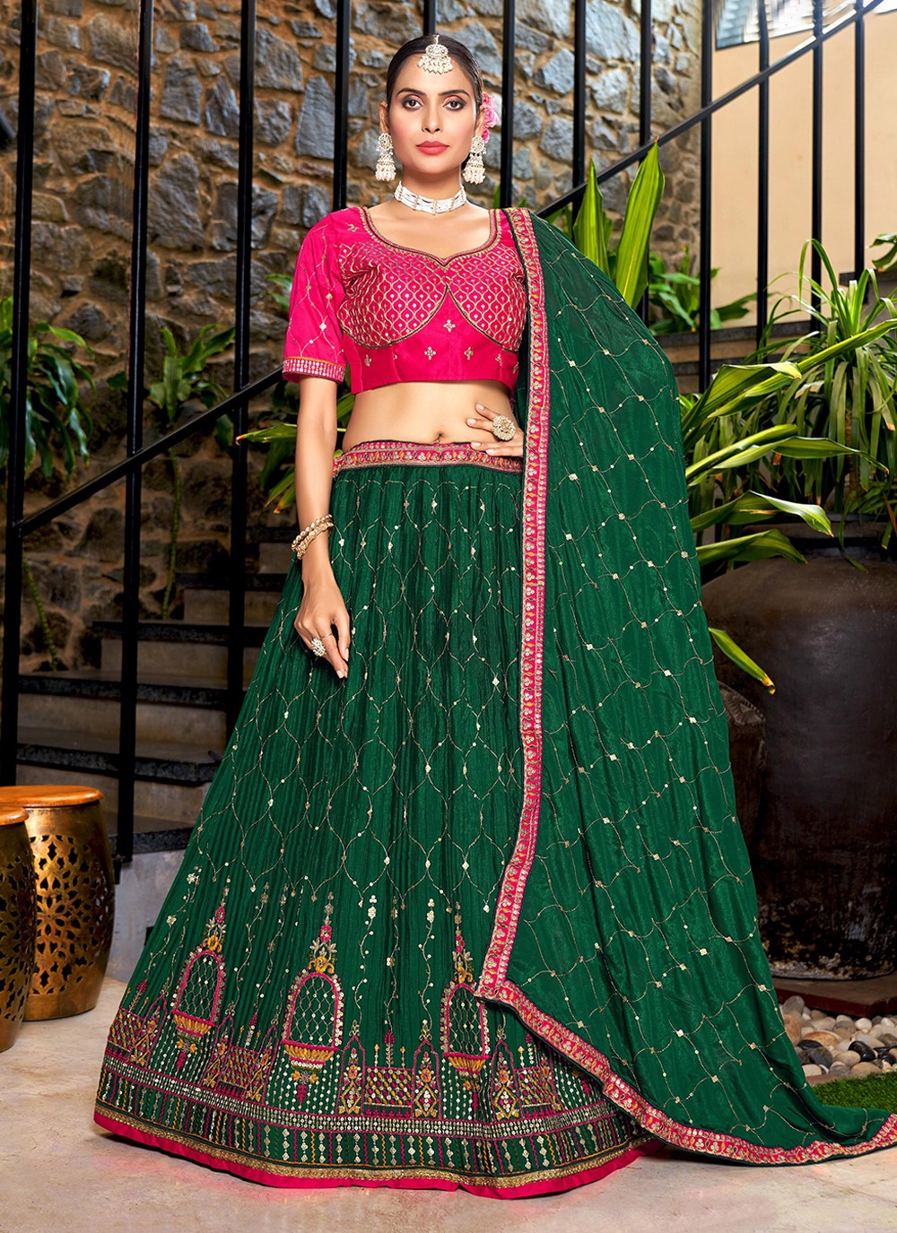 Buy Women Green Thread Embroidered Lehenga Set With Blouse And Dupatta -  Wedding Wonder - Indya