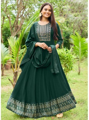 Green Embroidered Readymade Gown