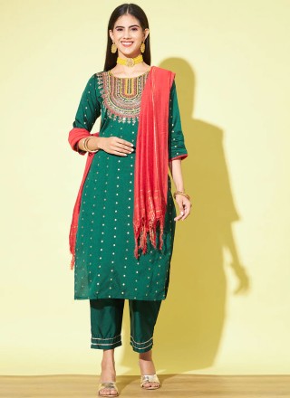 Green Embroidered Silk Blend Readymade Salwar Kameez