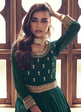 Green Embroidered Silk Designer Gown